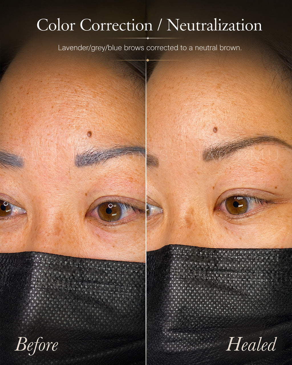 Before and after healed comparison of eyebrow color correction on using softap hand method and pigments