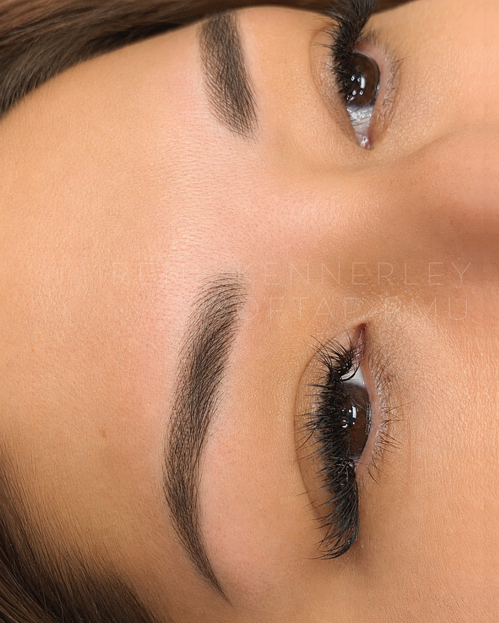 Close-up of softap permanent makeup dark brunette combo powder nano micro hairstroke brows