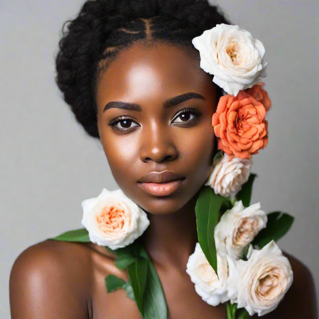 Woman with orange and white roses and green leaves