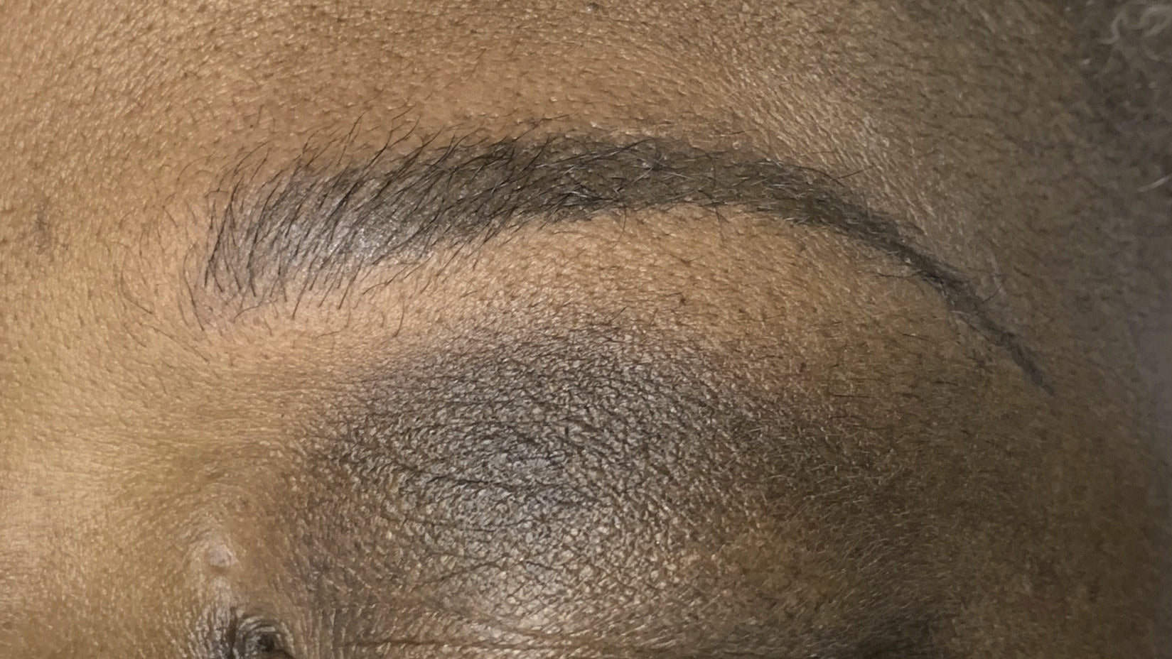 Close-up of dark skin with SofTap PMU right after procedure using pigments Royal Fudge, Mahogany, 23ss and 16 needles