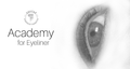 Eye with permanent tattoo eyeliner application and 'Academy for Eyeliner' text on a white background