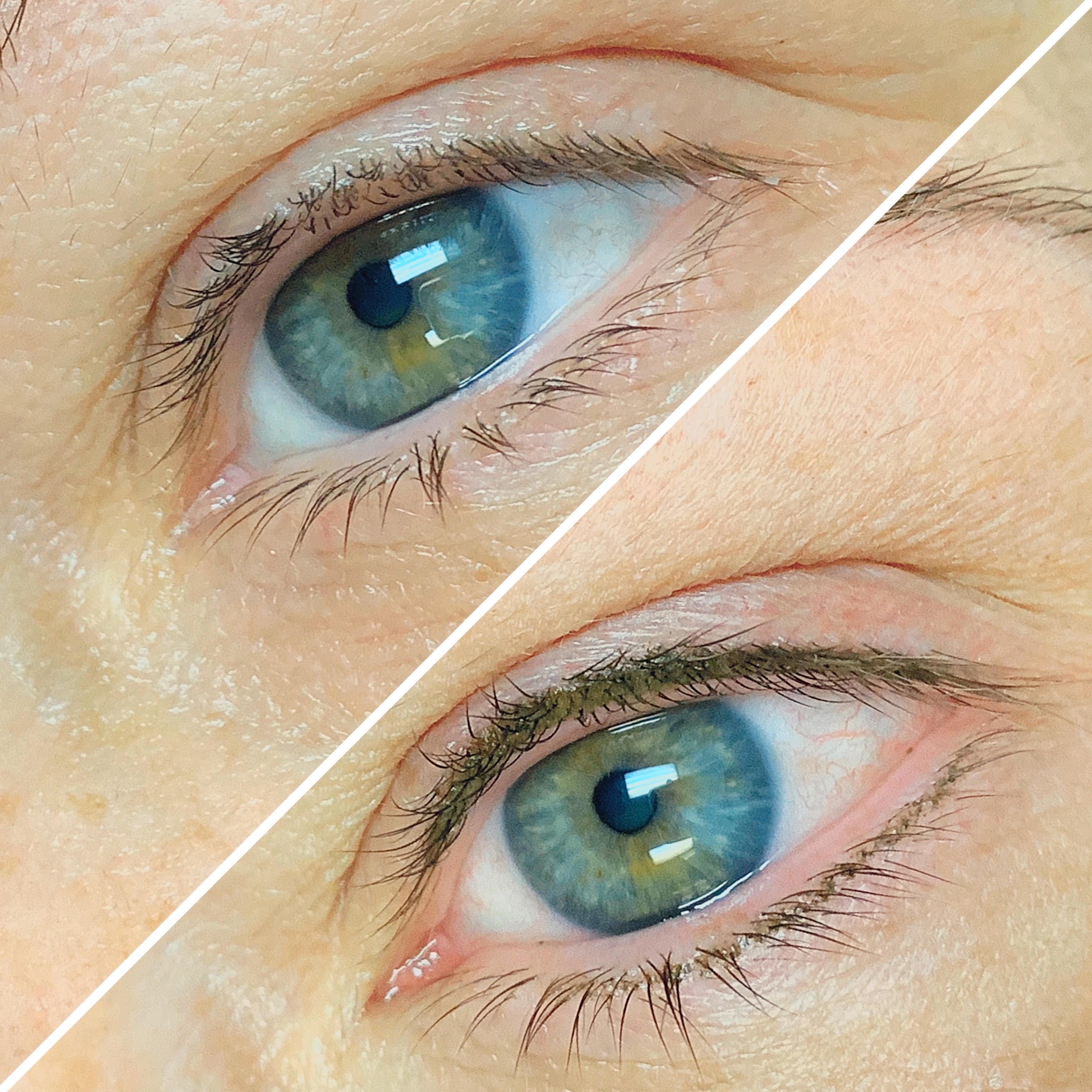 before and after green eyeliner with softap hand method pigments and needles