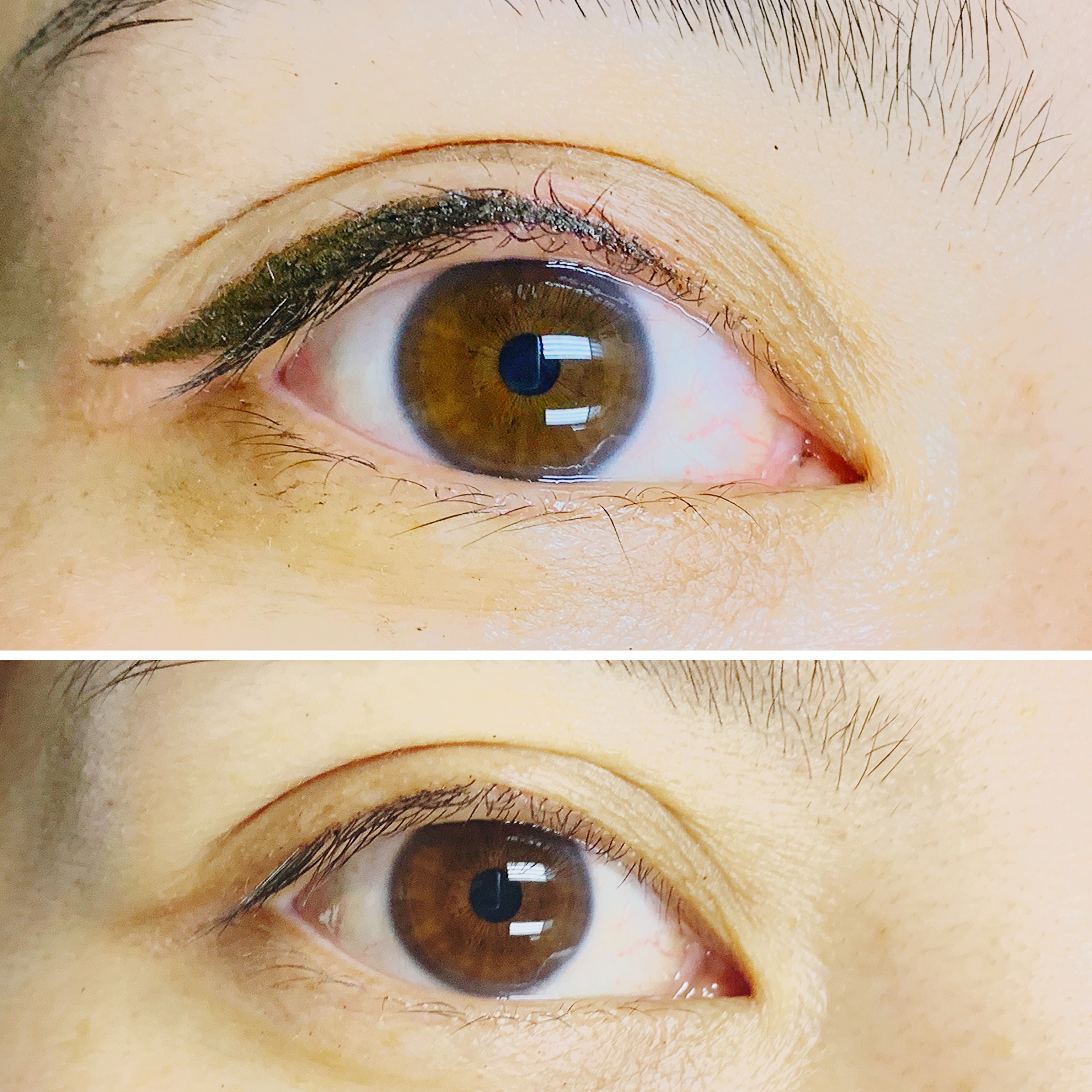 Close-up of a brown eye with softap pmu upper eyeliner tattoo, showing before and after effects.