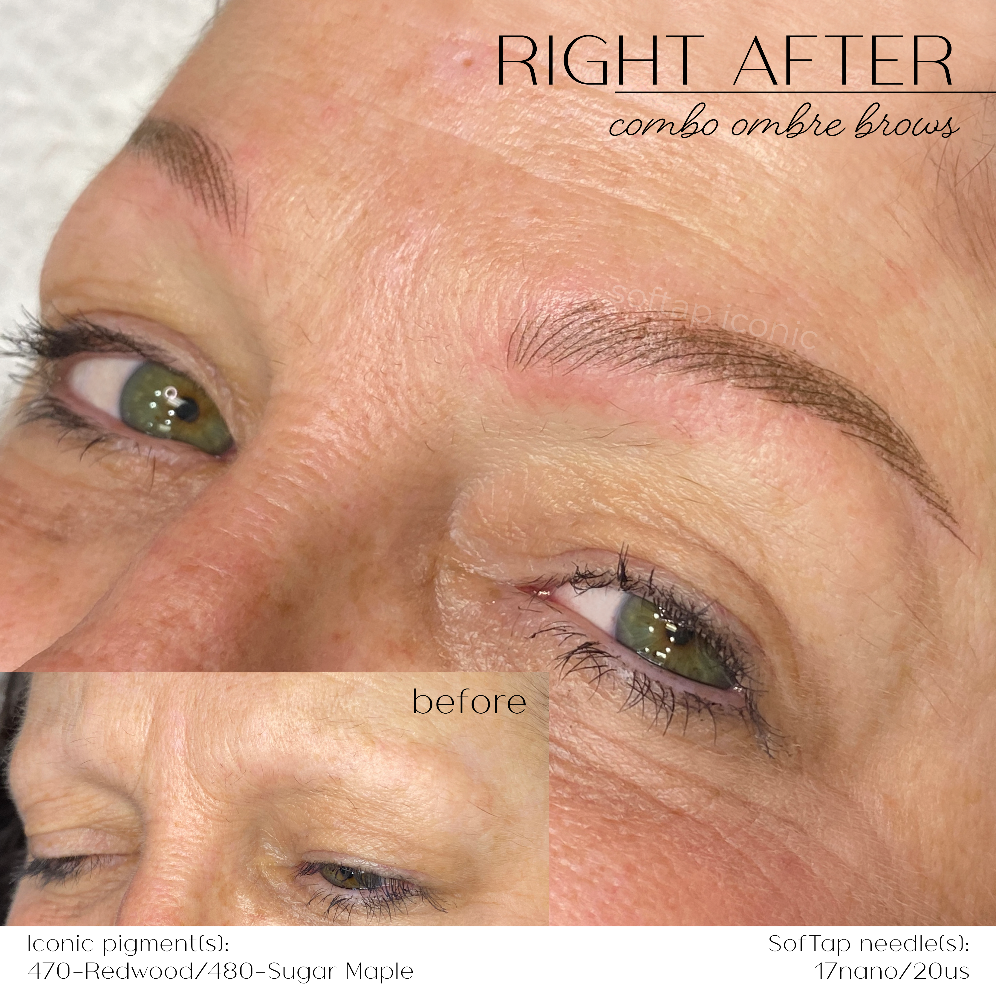 Before and after comparison of SofTap combo ombre brows with text indicating product details.