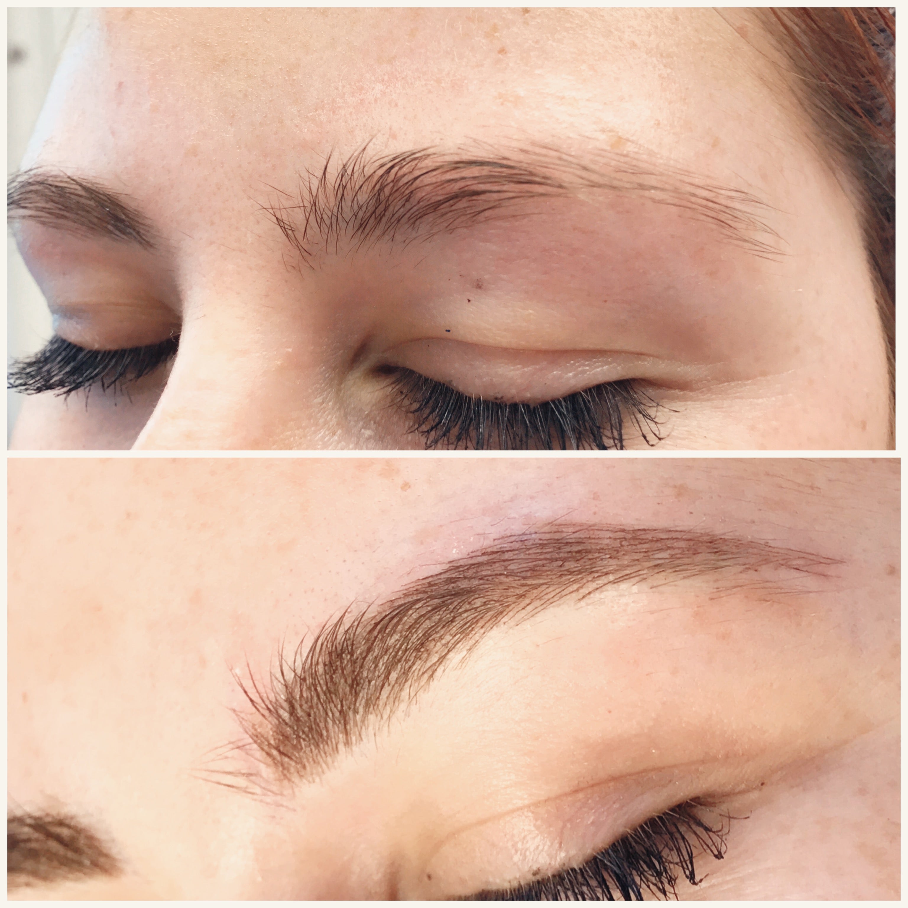 Before and after comparison of a softap nano eyebrow treatment on a person's eye.