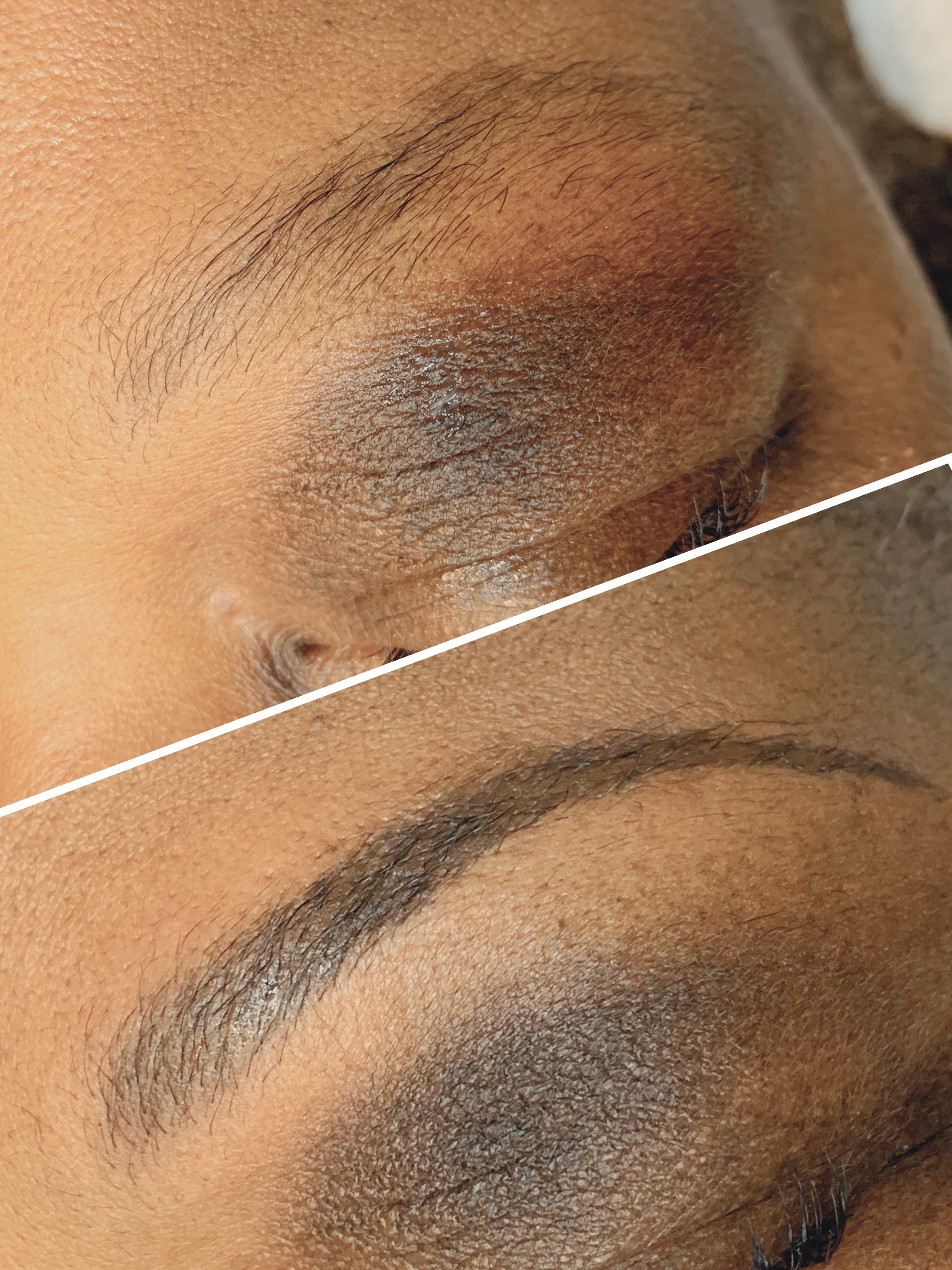 SofTap powder eyebrow tattoo on dark skin, before and after