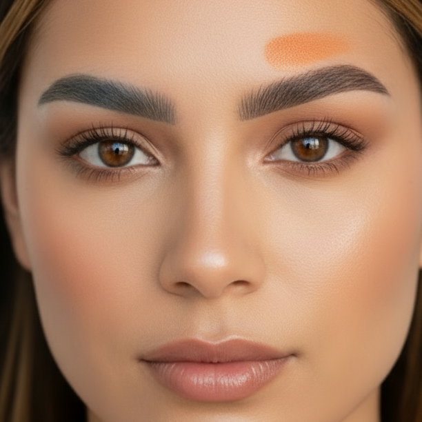 Close-up of a woman's face one blue gray brow and one warm brown brow with a smear of orange color above the brown brow