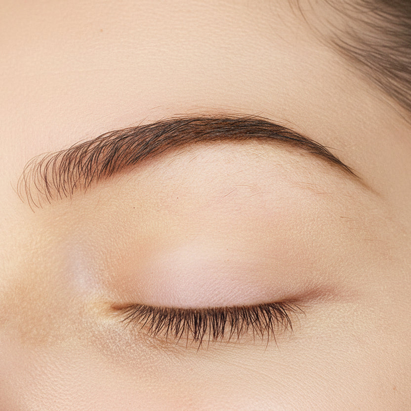 Close-up of a closed eye with a focus on the eyelashes and Softap ombre eyebrow with softap hand method.