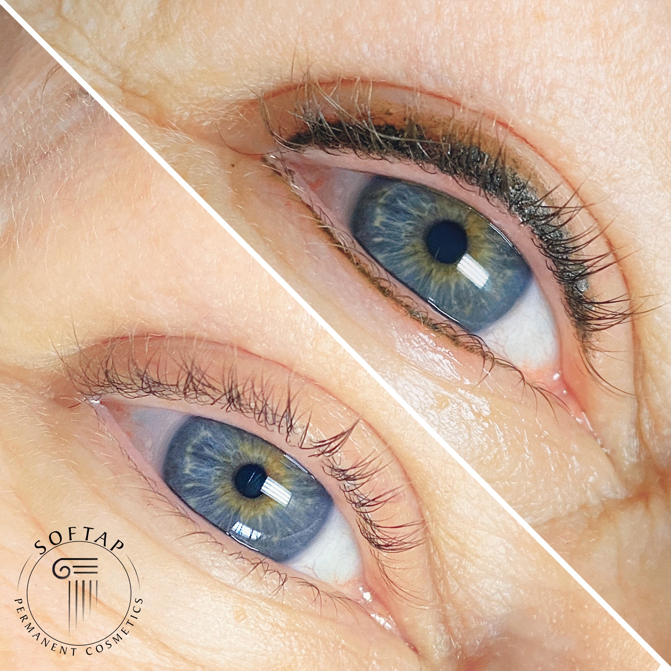 Close-up of a person's blue eye before and after permanent eyeliner treatment with SOFTAP Permanent Cosmetics pigment and needles