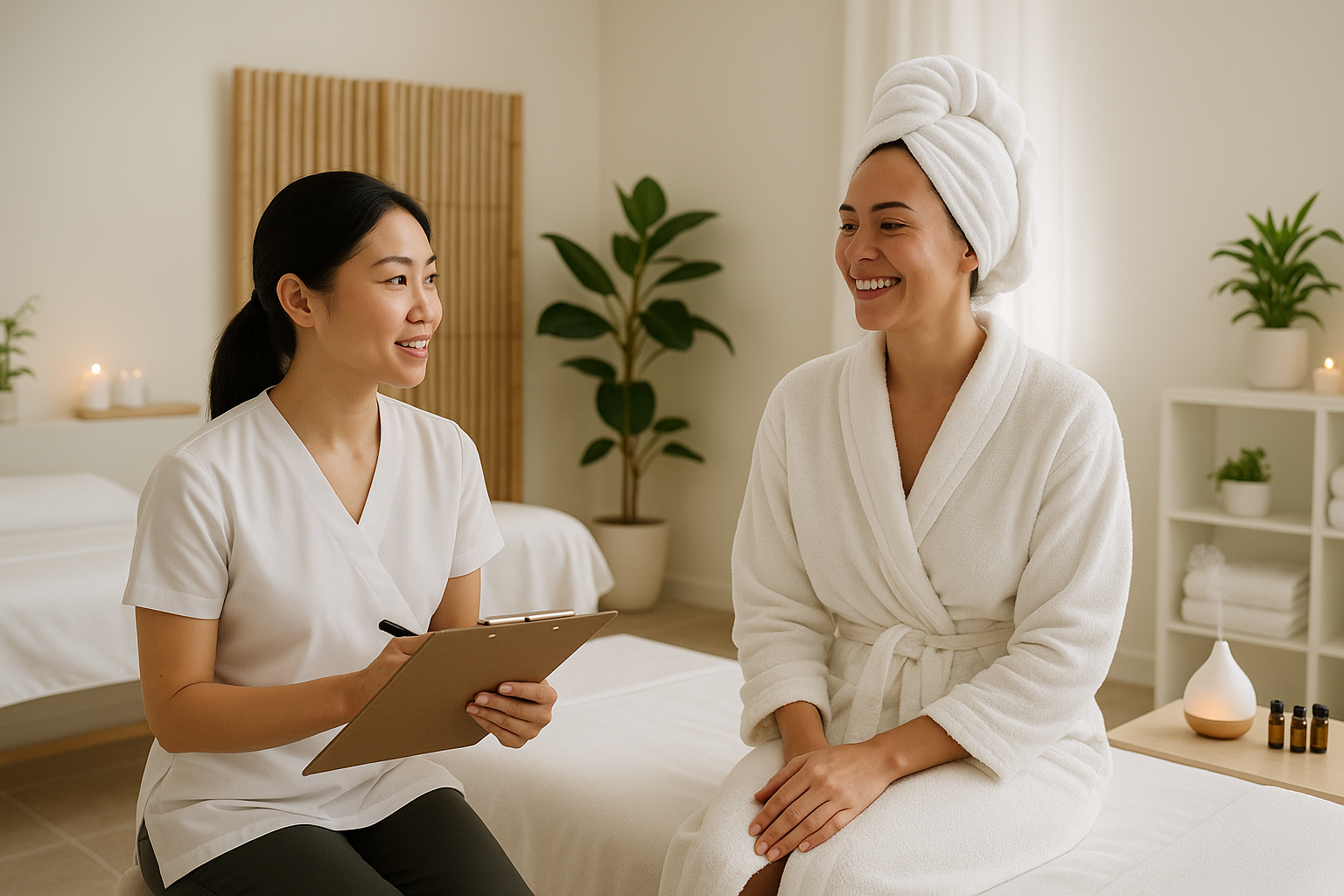 professional spa worker consulting a happy client in a clean spa environment