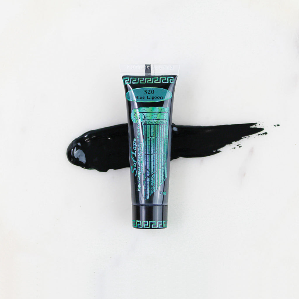 SofTap permanent makeup pigment Blue Lagoon tube with color swatch on marble background