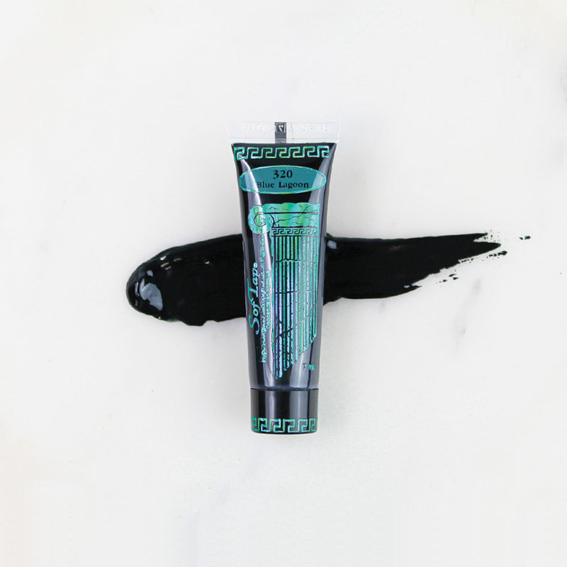 SofTap permanent makeup pigment Blue Lagoon tube with color swatch on marble background