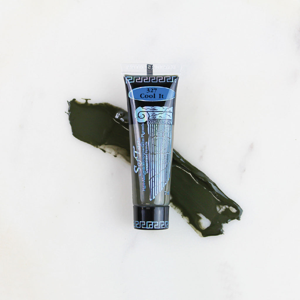 SofTap permanent makeup pigment Cool It tube with color swatch on marble background