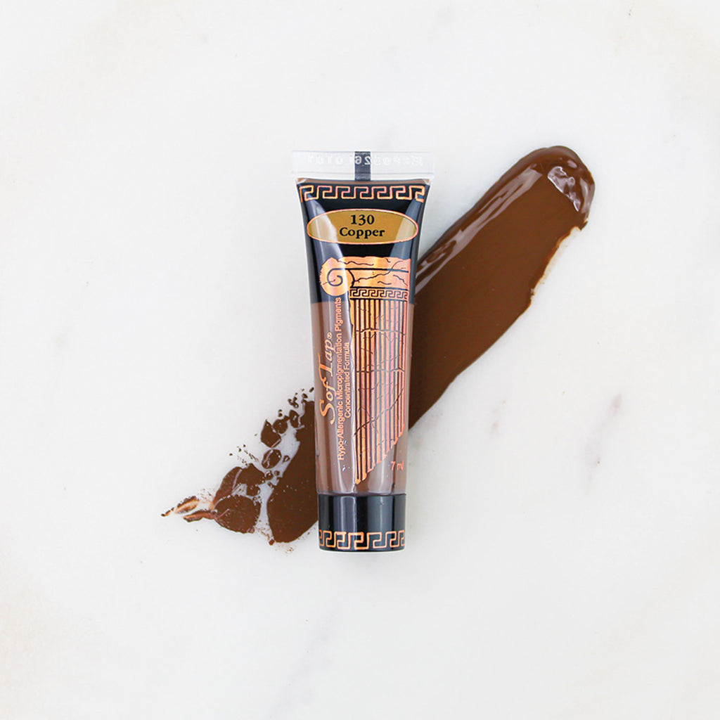 SofTap permanent makeup pigment Copper tube with color swatch on marble background