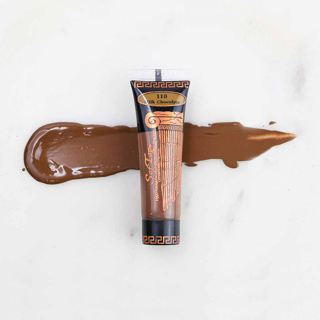 SofTap permanent makeup pigment Milk Chocolate tube with color swatch on marble background