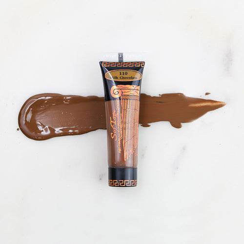 SofTap permanent makeup pigment Milk Chocolate tube with color swatch on marble background