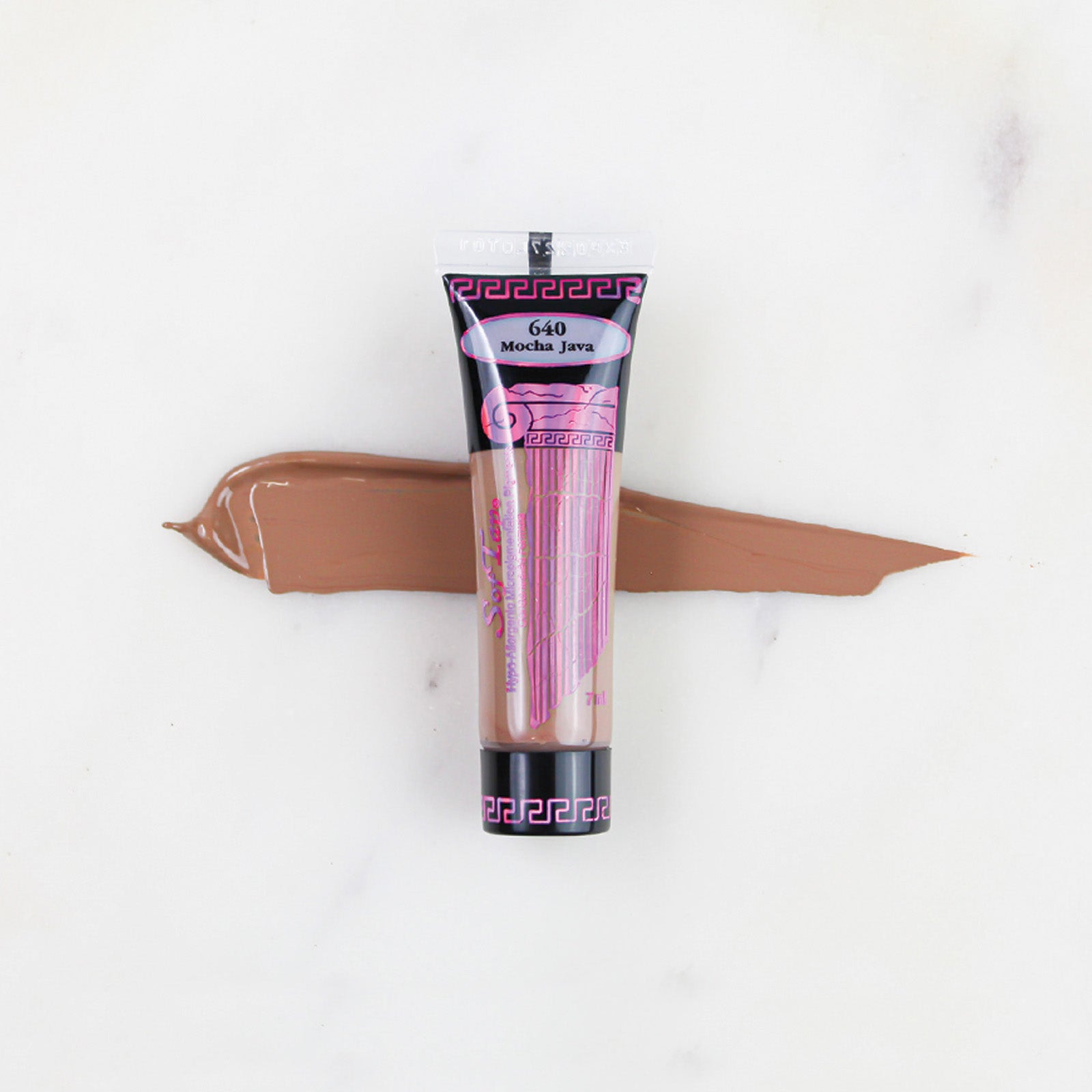 SofTap permanent makeup pigment Mocha Java tube with color swatch on marble background