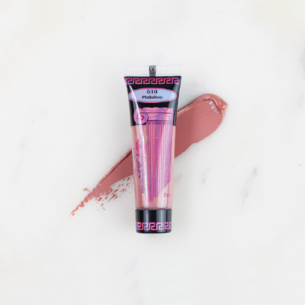 SofTap permanent makeup pigment Pinkaboo tube with color swatch on marble background