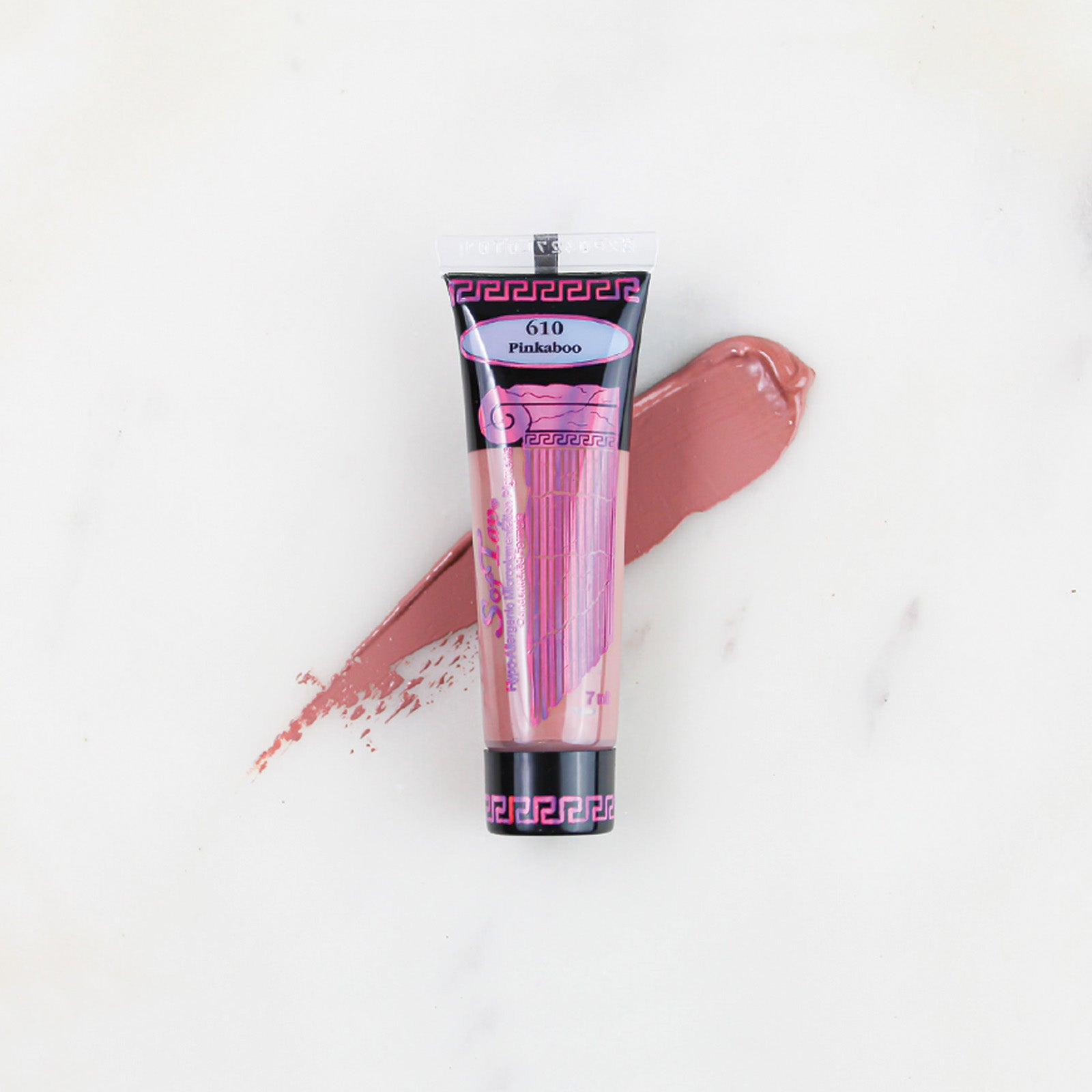 SofTap permanent makeup pigment Pinkaboo tube with color swatch on marble background