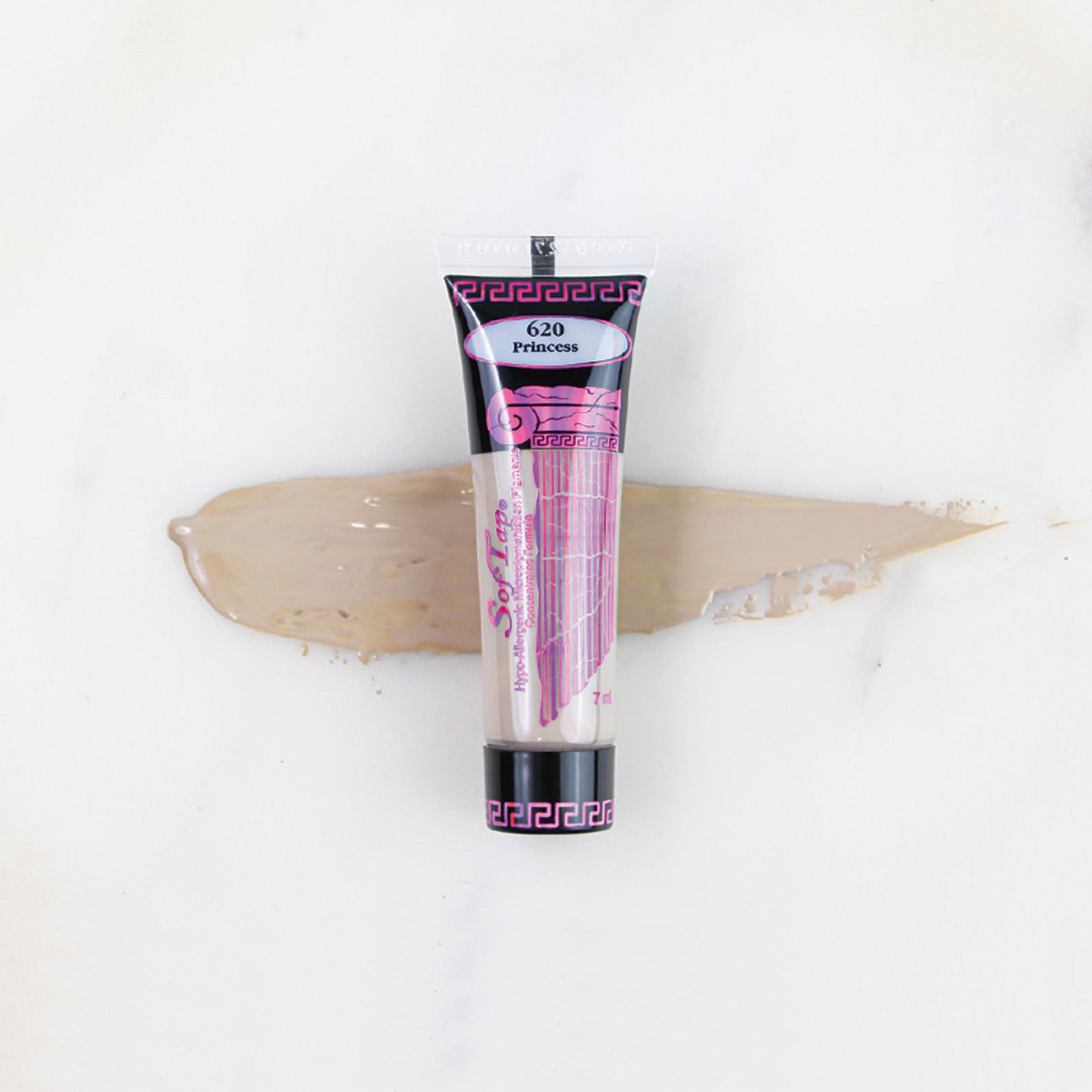 SofTap permanent makeup pigment Princess tube with color swatch on marble background