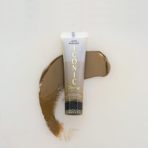 SofTap permanent makeup Iconic pigment Redwood tube with color swatch on marble background