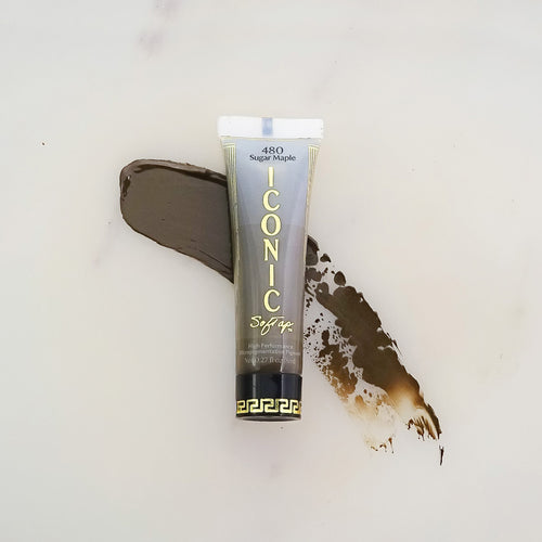 SofTap permanent makeup Iconic pigment Sugar Maple tube with color swatch on marble background