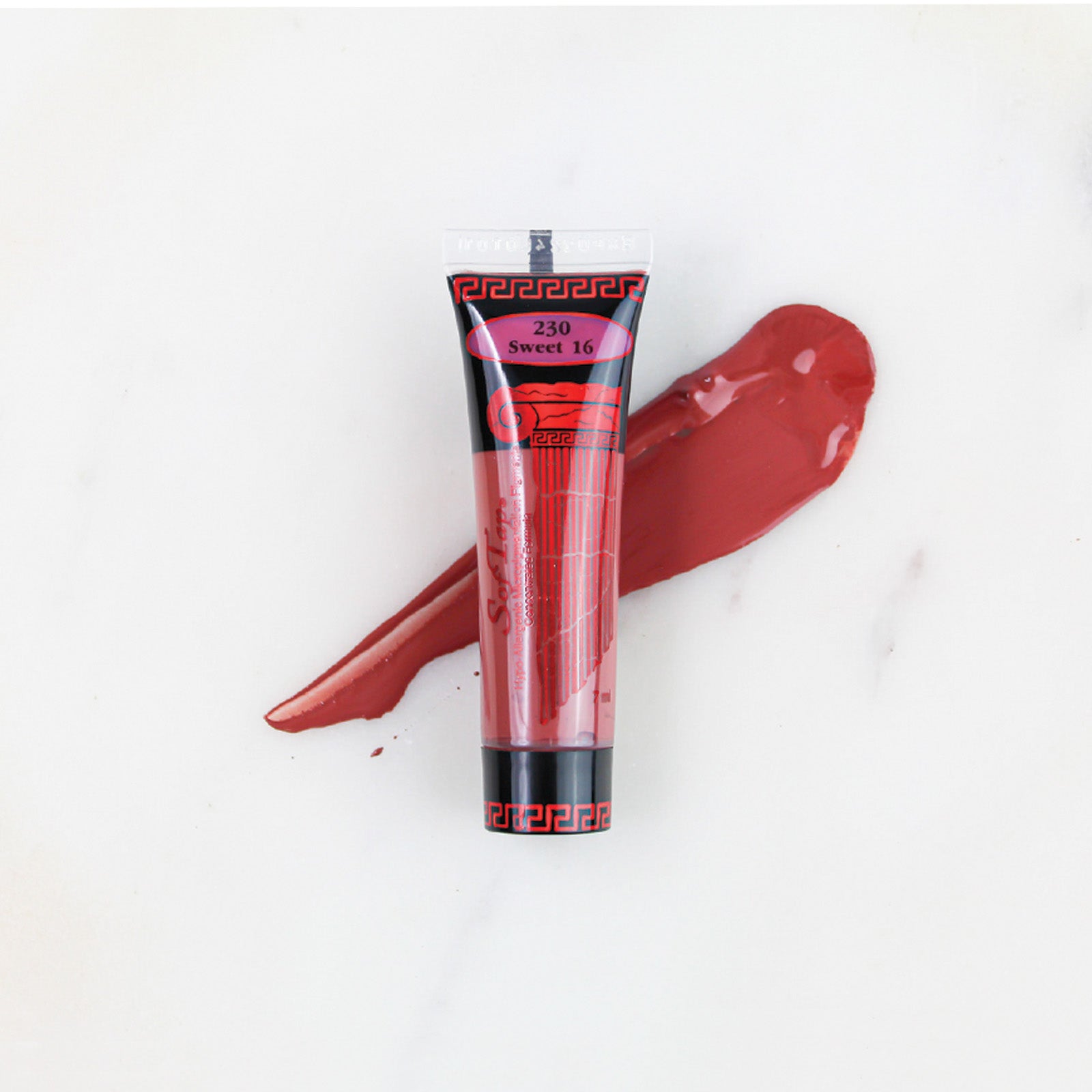 SofTap permanent makeup pigment Sweet 16 tube with color swatch on marble background