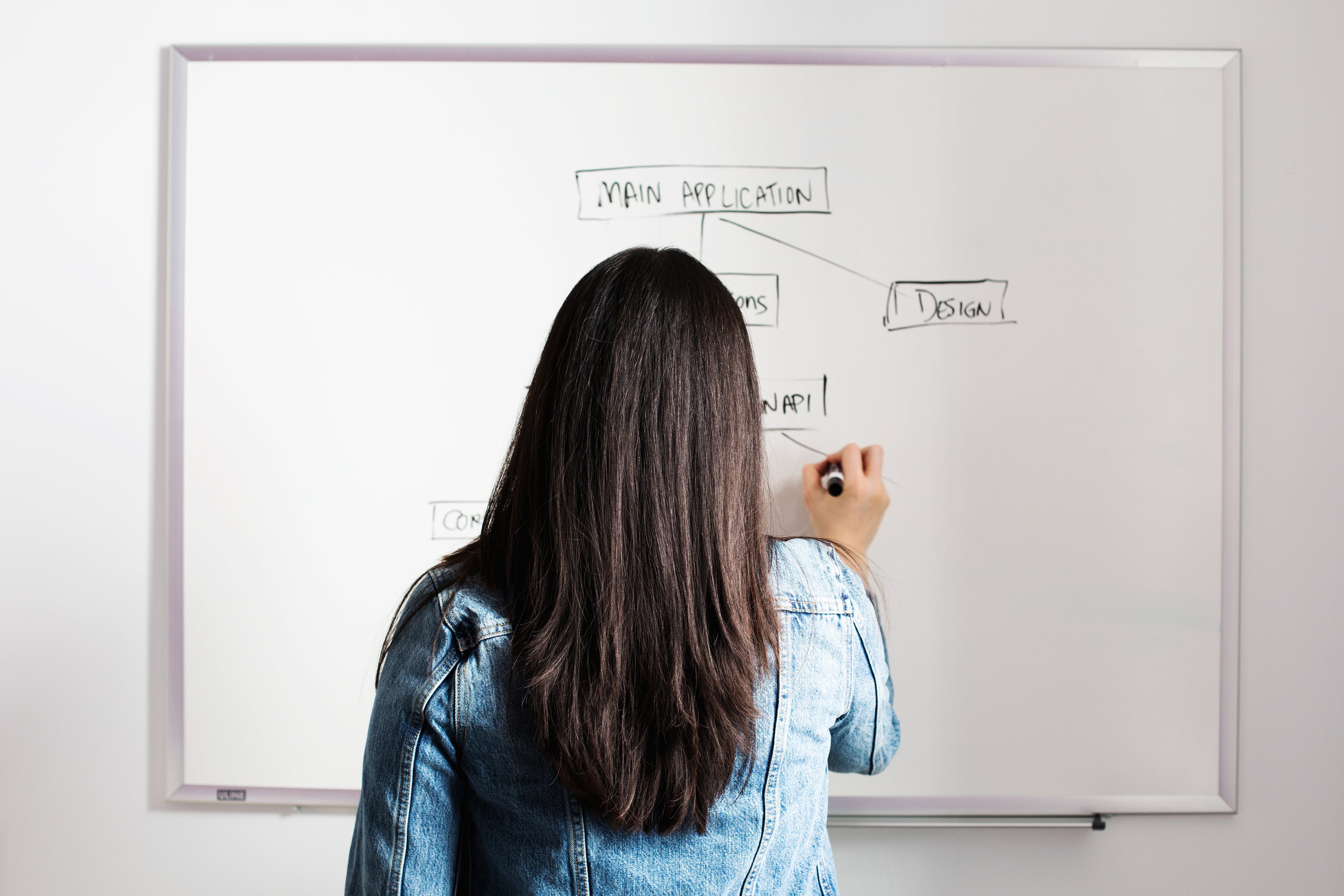 woman in denim with dark hair writing  notes on whiteboard